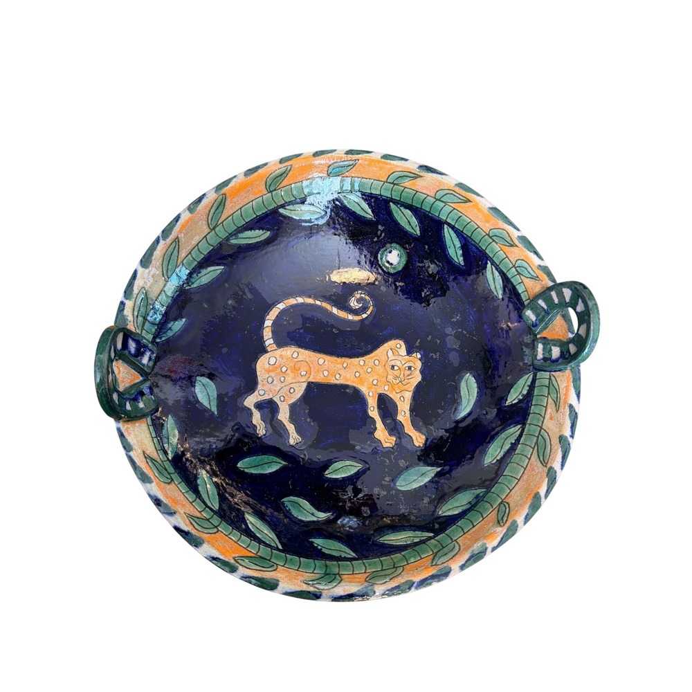 Artisan Pottery Leopard Serving Bowl Blue Hand Painted Folk Art 14"
